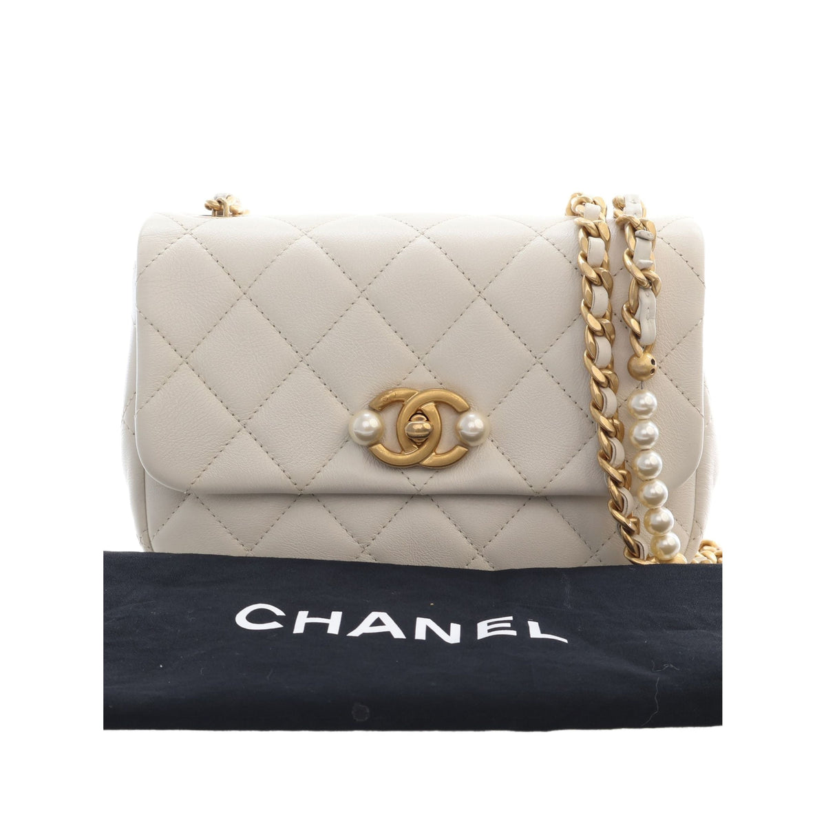 Chanel Mini Quilted Glazed Calfskin Pearl Side Flap — White