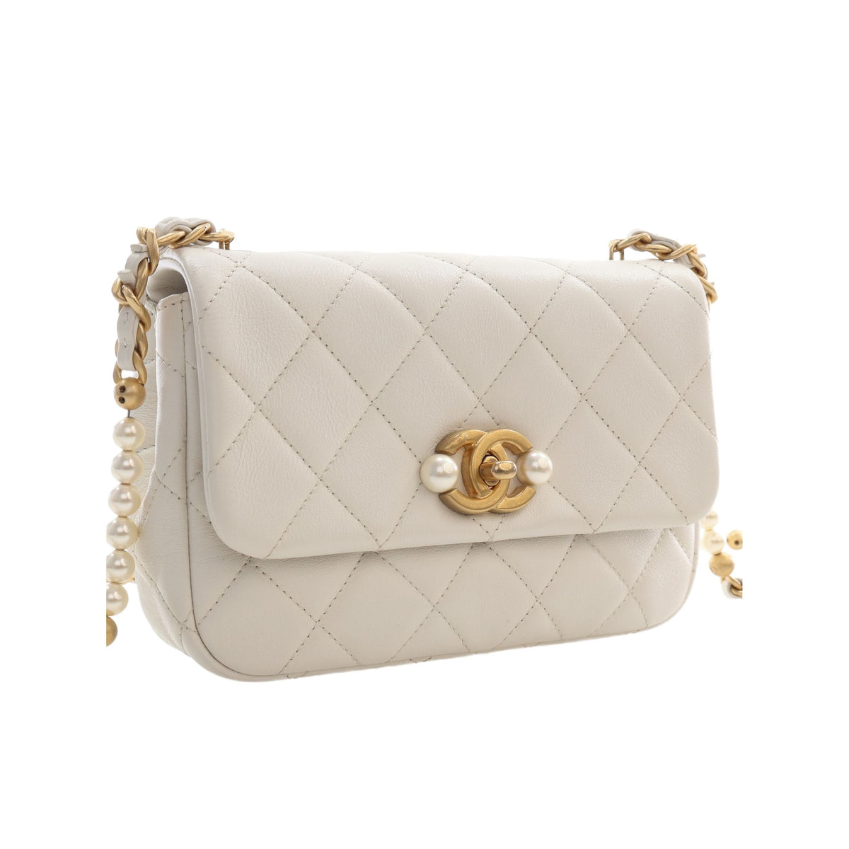 Chanel Mini Quilted Glazed Calfskin Pearl Side Flap — White