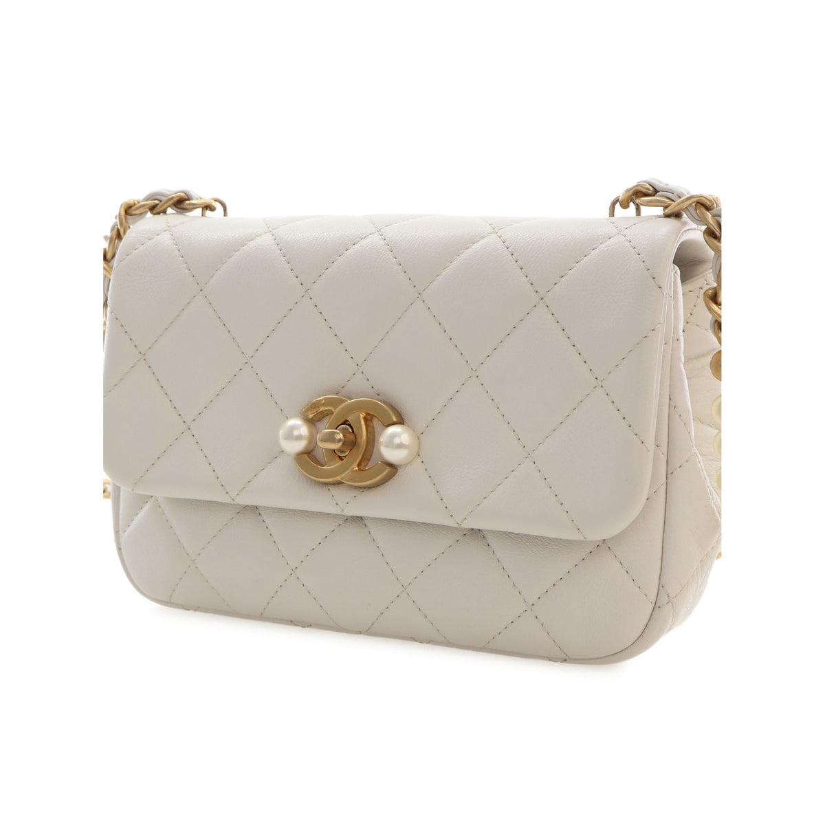 Chanel Mini Quilted Glazed Calfskin Pearl Side Flap — White