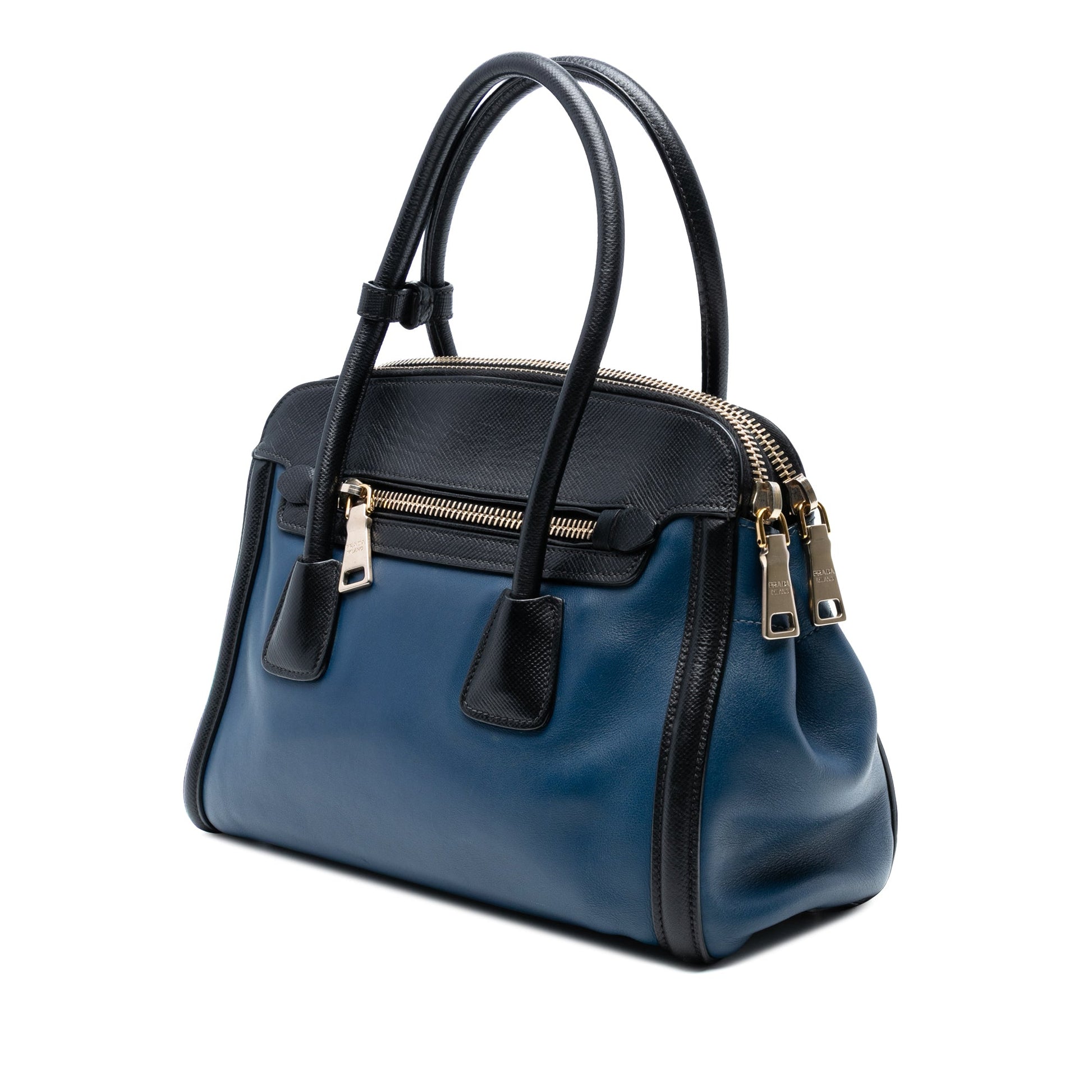 Bicolor Saffiano Trimmed City Calf Double Zip Satchel
