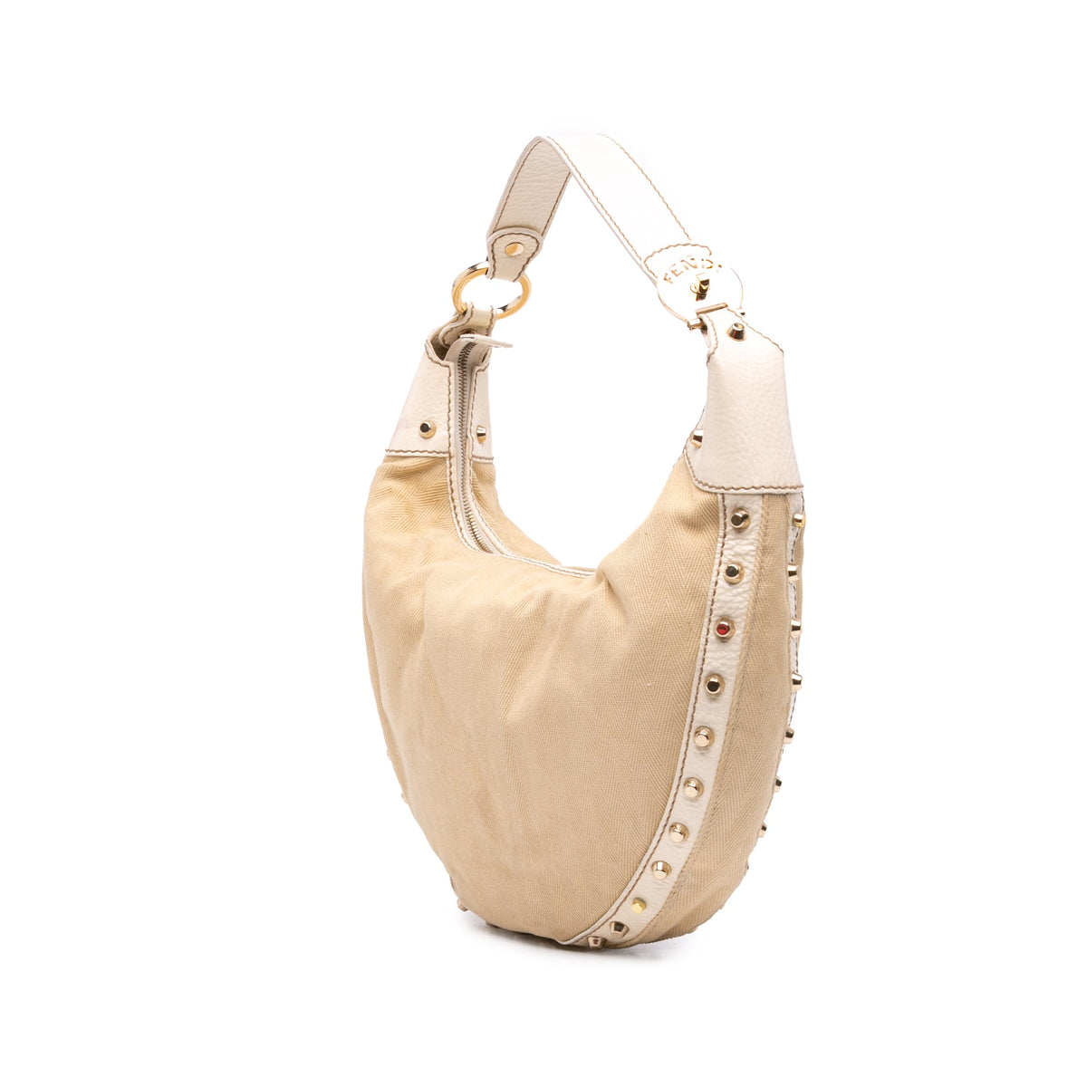 Fendi Canvas Studded Hobo — Beige