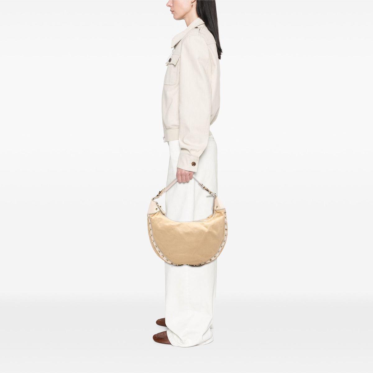Fendi Canvas Studded Hobo — Beige