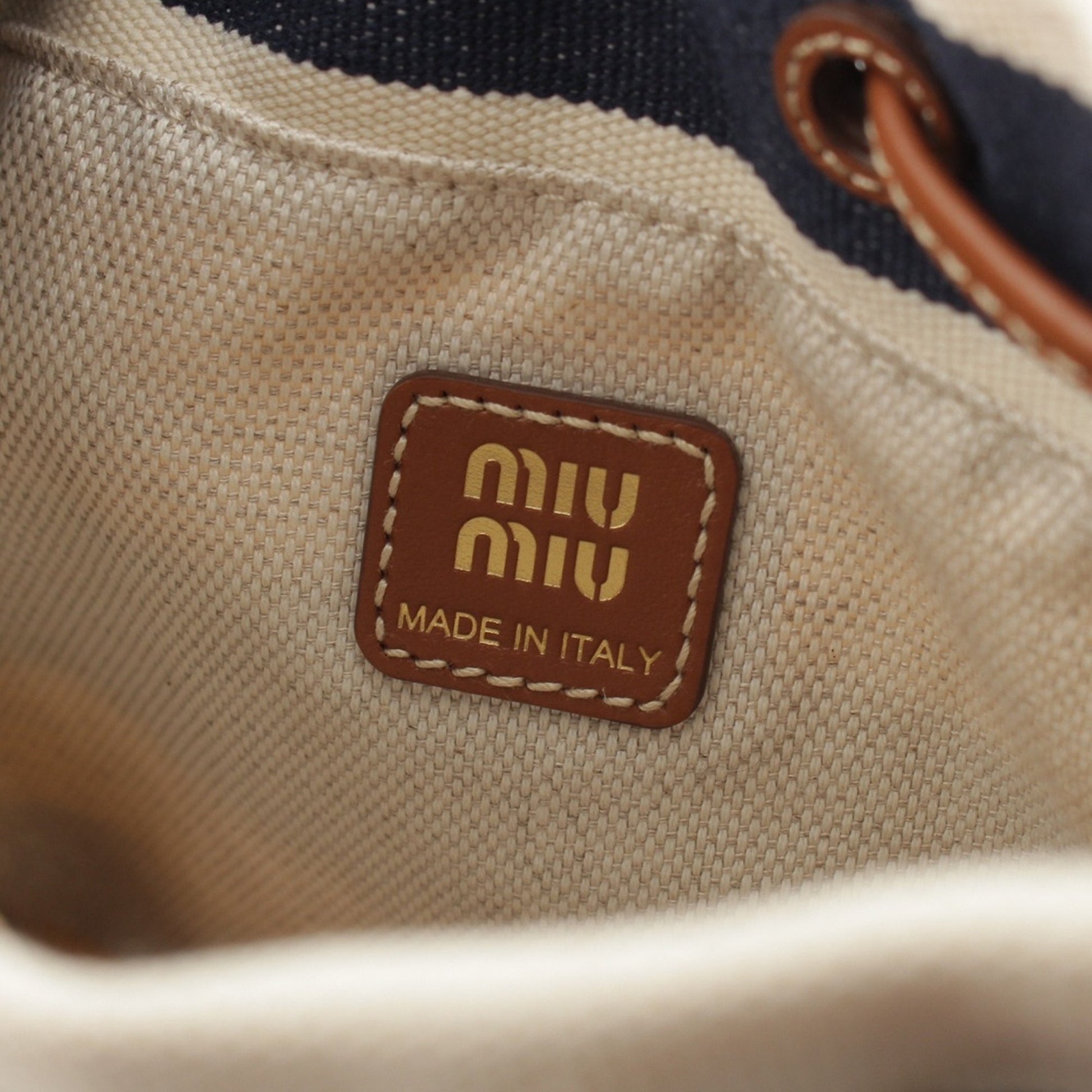 Miu Miu Striped Canvas Logo Drawstring Handbag