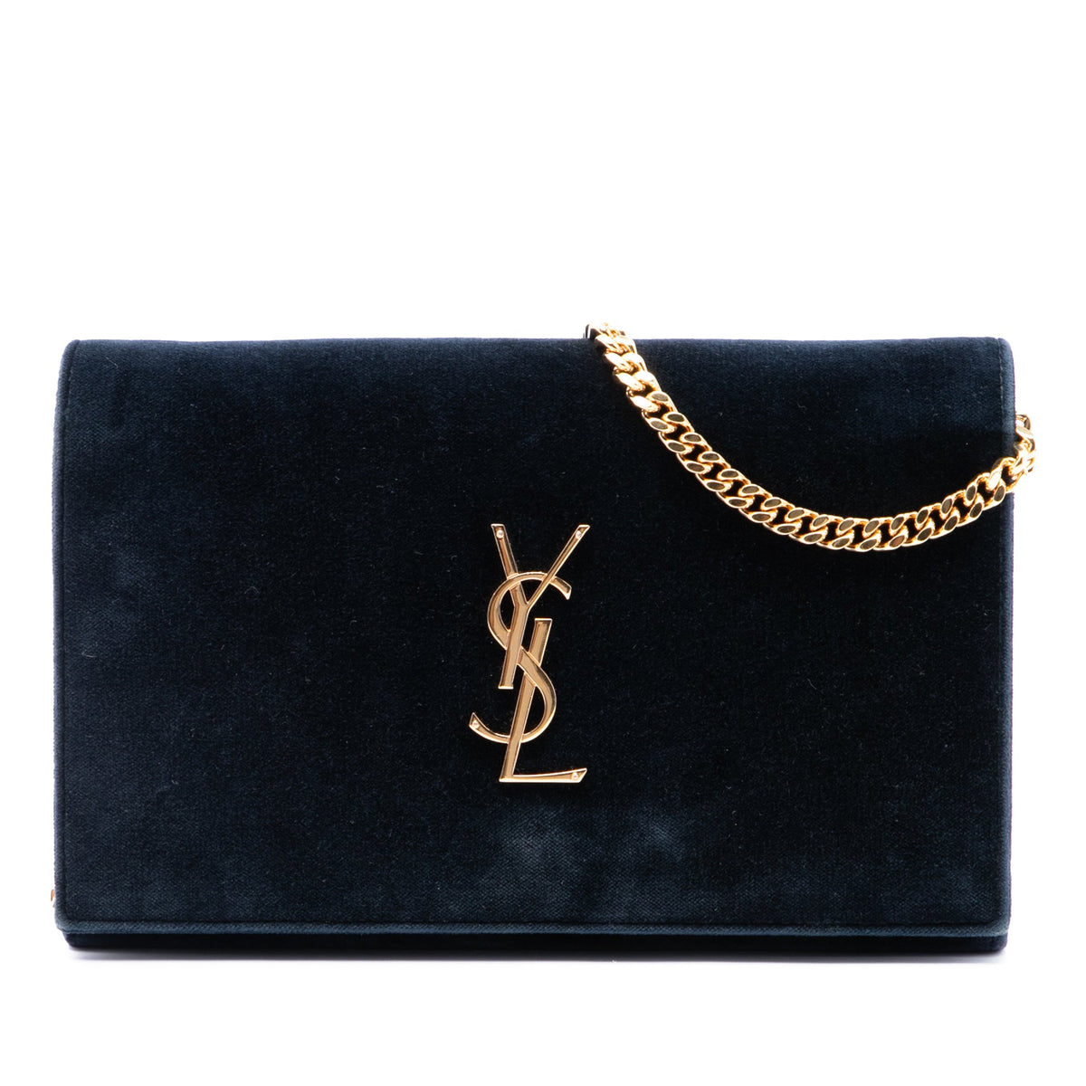 Saint Laurent Suede Monogram Kate Chain Wallet — Blue
