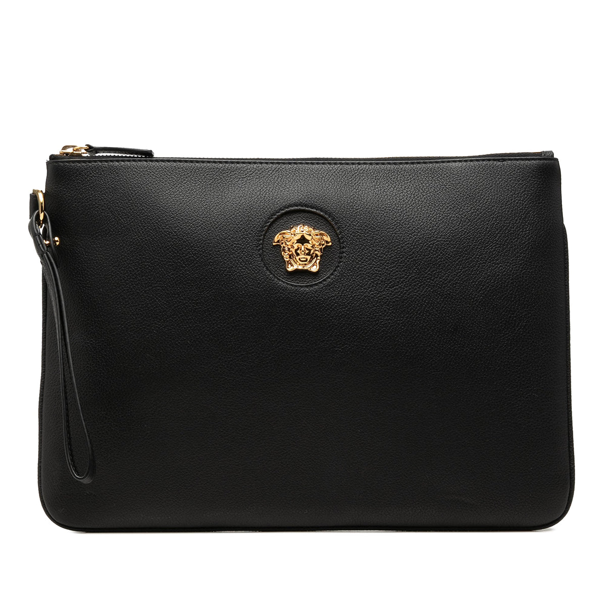 Versace Leather Medusa Wristlet Clutch — Black