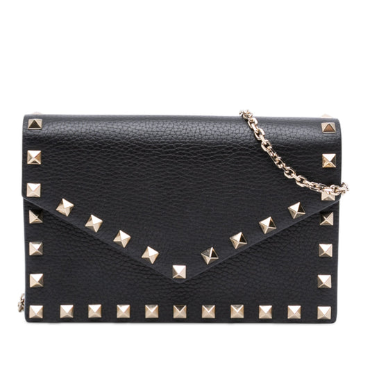 Valentino Pebbled Calfskin Rockstud Envelope Wallet on Chain