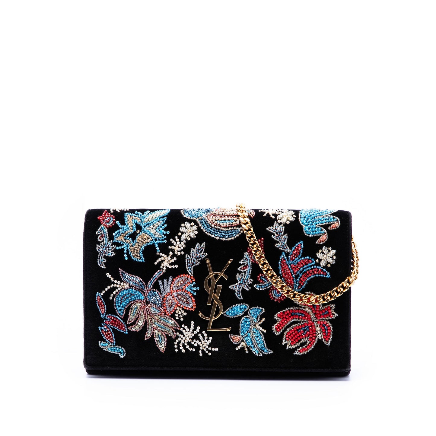 Saint Laurent Medium Floral Beaded Velvet Monogram Kate Crossbody