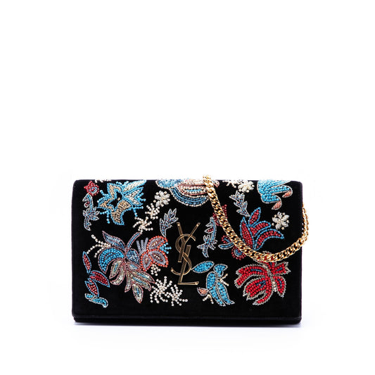 Saint Laurent Medium Floral Beaded Velvet Monogram Kate Crossbody