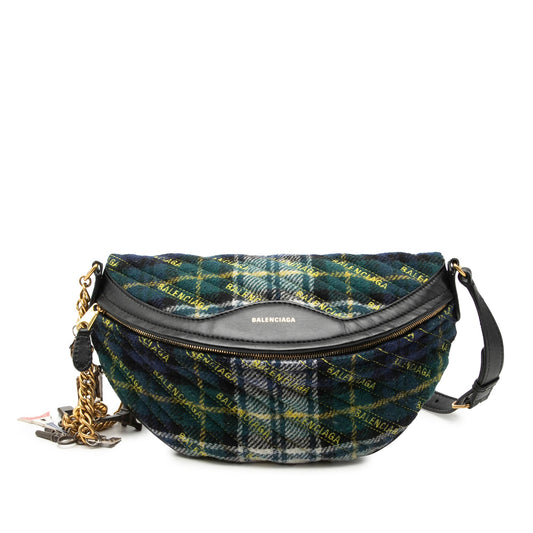 Balenciaga Diagonal Quilted Wool Allover Logo Souvenir Belt Bag XS