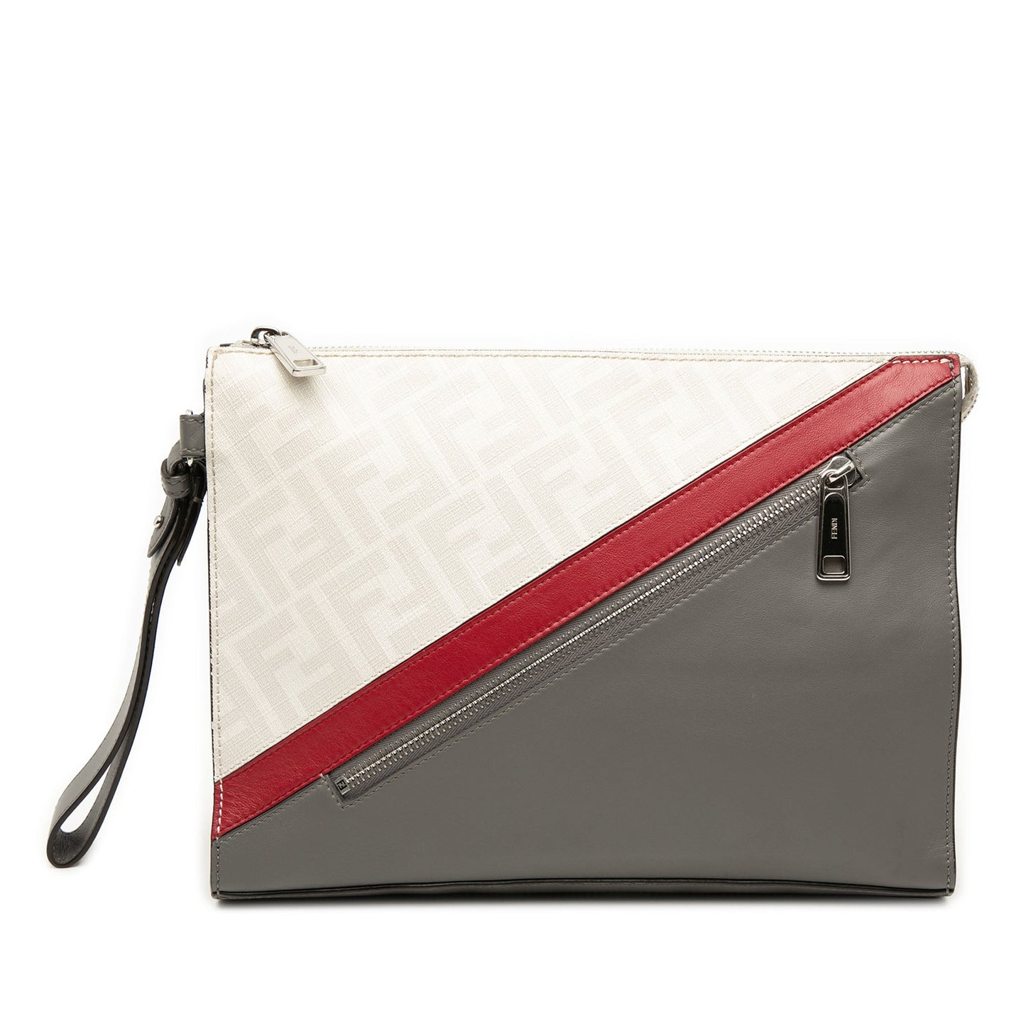 Fendi Zucca Coated Canvas FF 1974 Diagonal Vitello Liberty Front Zip Clutch