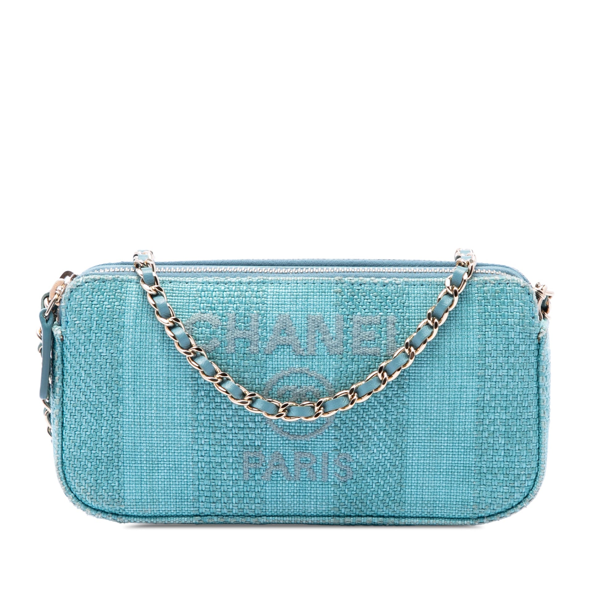 Chanel Raffia Deauville Double Zip Clutch with Chain