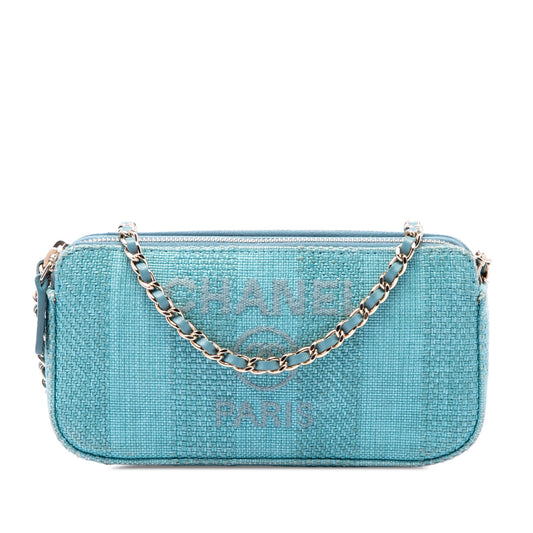 Chanel Raffia Deauville Double Zip Clutch with Chain