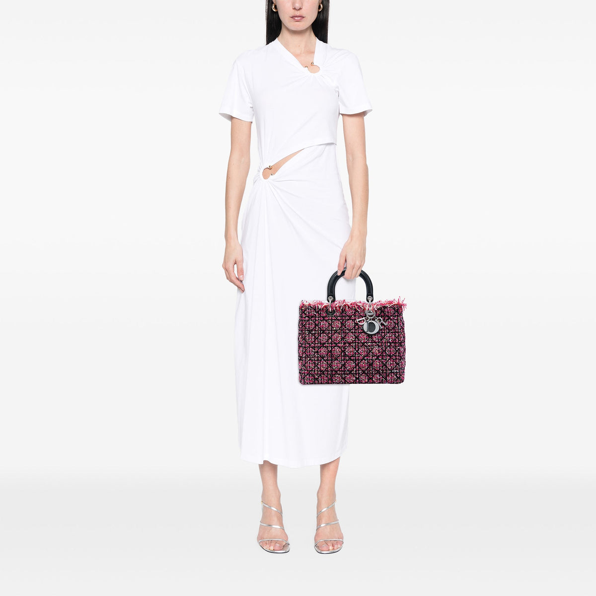 Dior Large Tweed Cannage Fringe Lady Dior — Pink