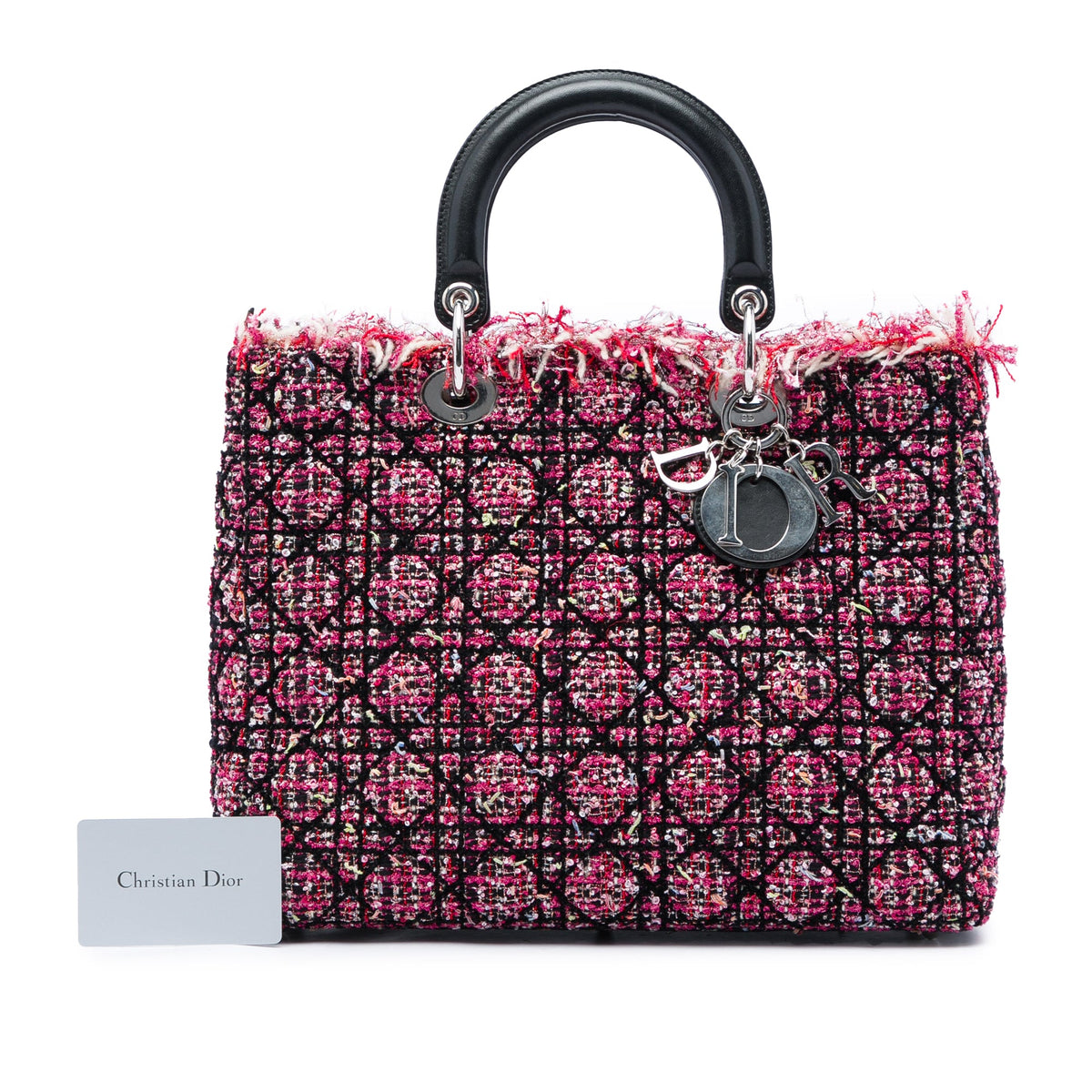 Dior Large Tweed Cannage Fringe Lady Dior — Pink