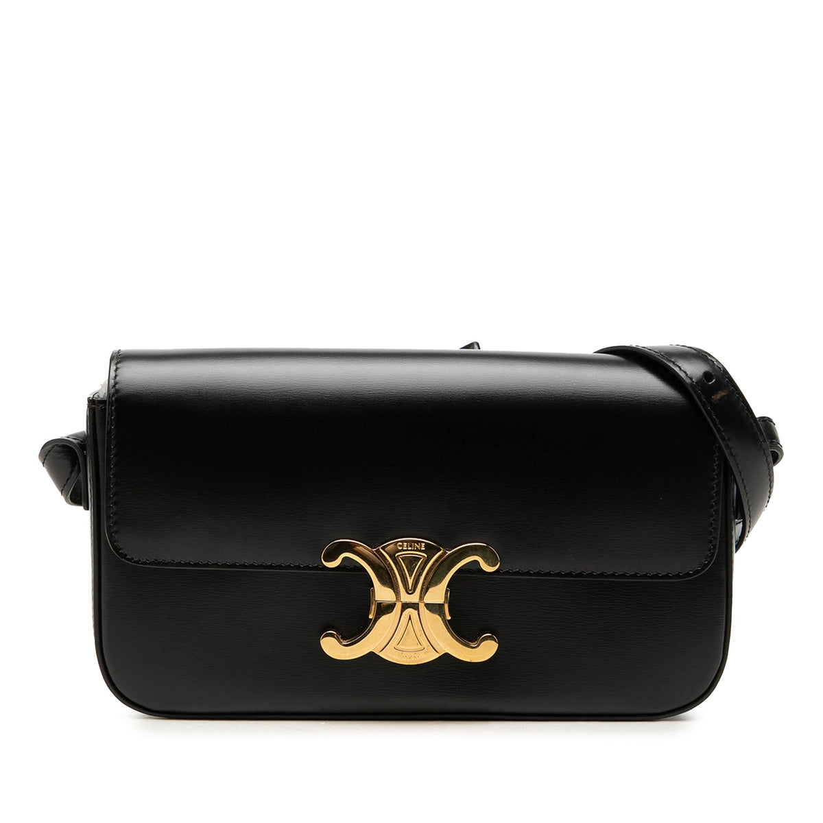 Celine Shiny Calfskin Triomphe Claude Shoulder Bag — Black