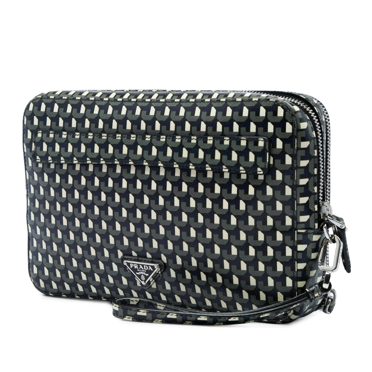 Prada Saffiano Geometric Portfolio Zip Clutch — Blue