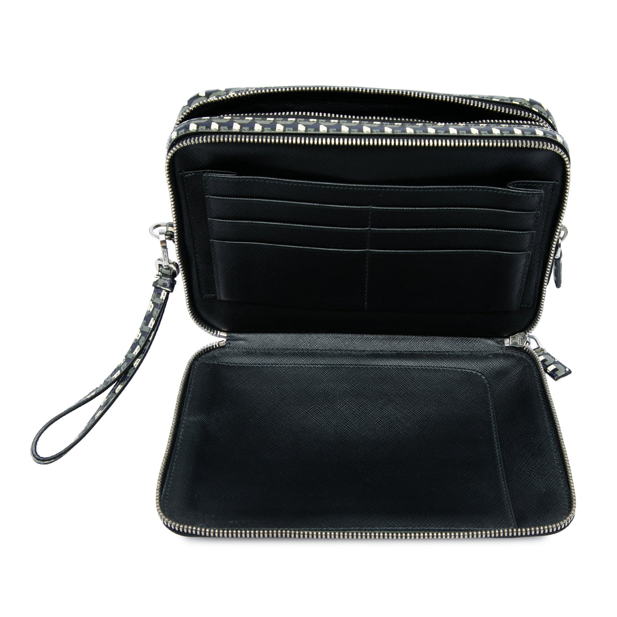 Prada Saffiano Geometric Portfolio Zip Clutch — Blue