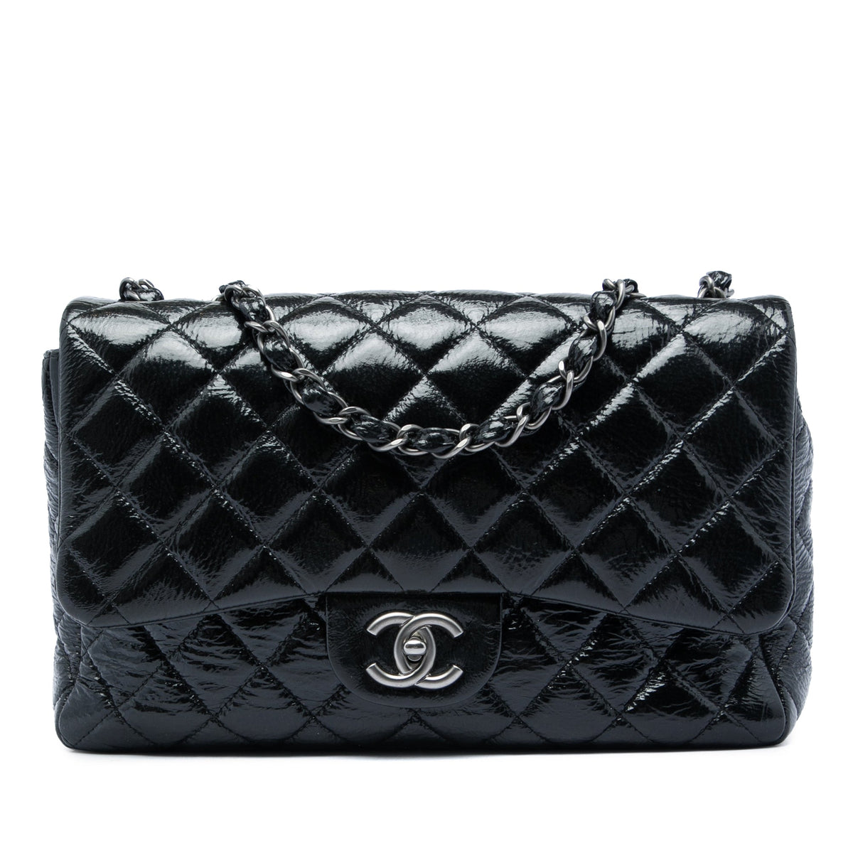 Chanel Jumbo Classic Crinkled Patent Single Flap — Black