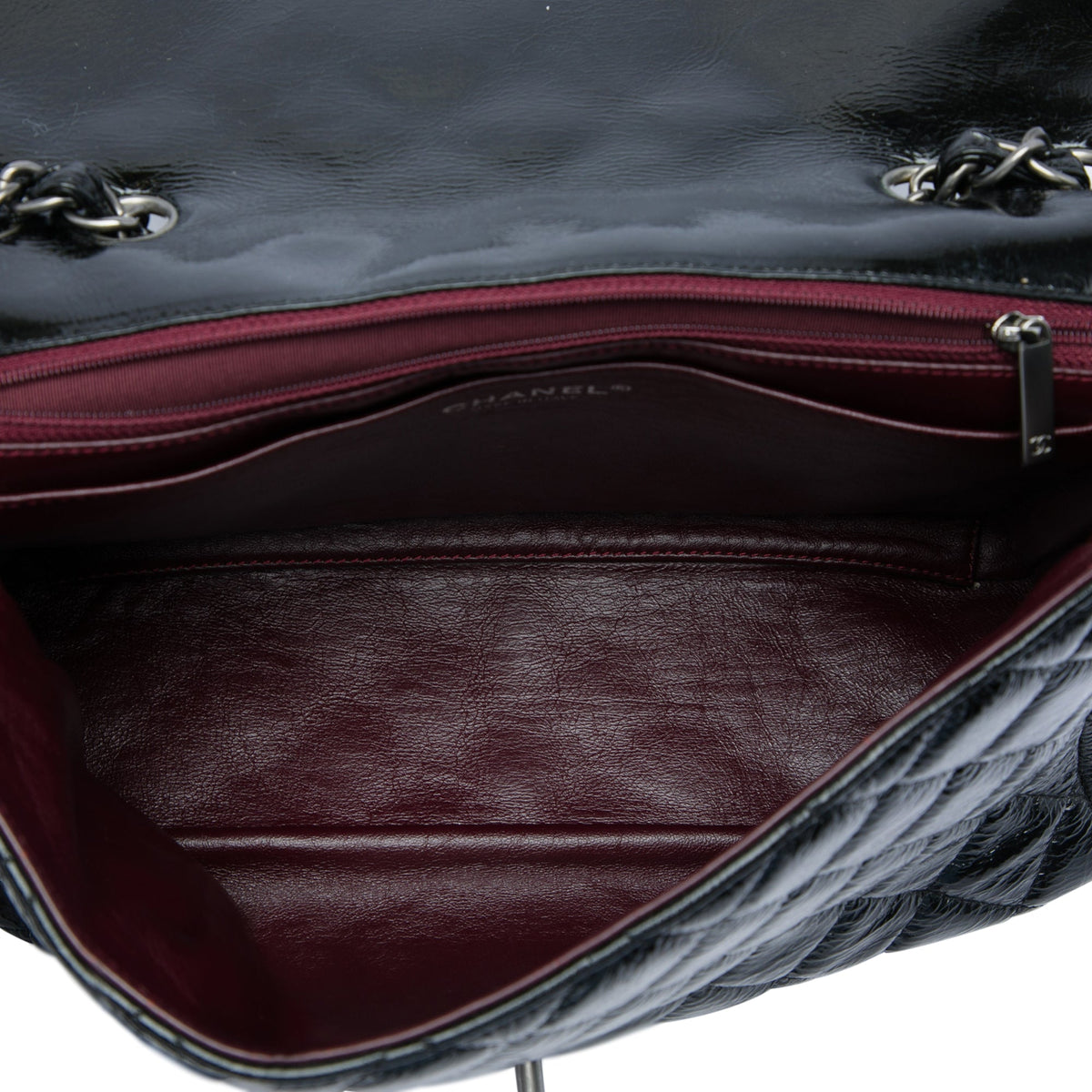Chanel Jumbo Classic Crinkled Patent Single Flap — Black