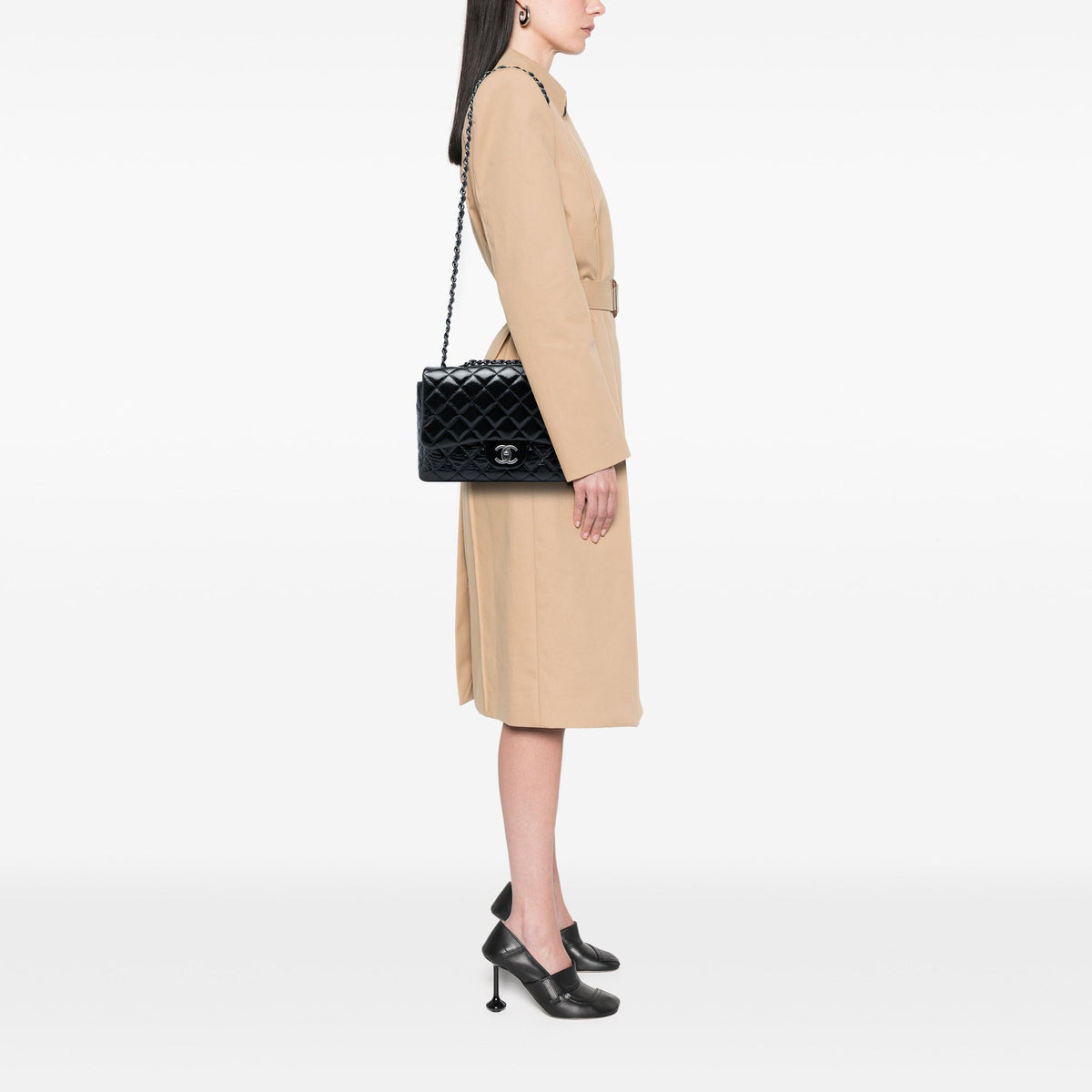 Chanel Jumbo Classic Crinkled Patent Single Flap — Black