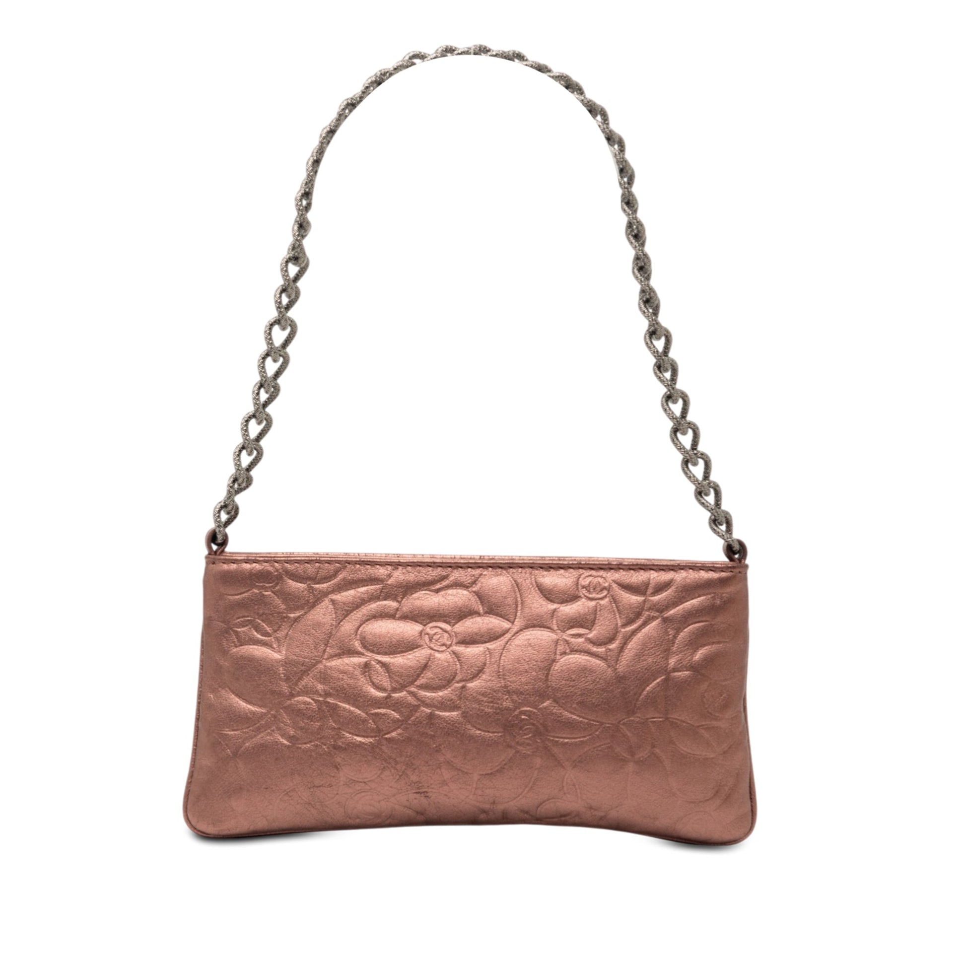 Embossed Metallic Lambskin Camellia Chain Pochette