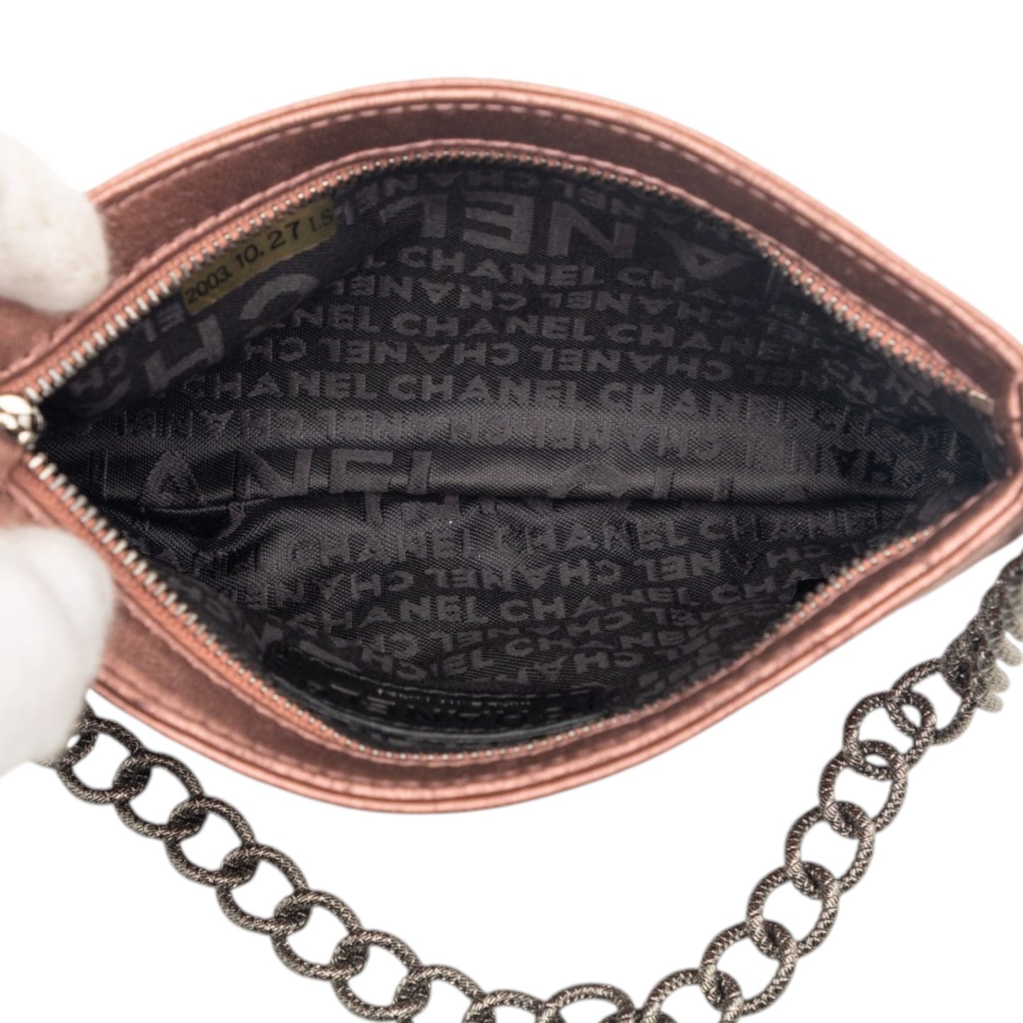 Embossed Metallic Lambskin Camellia Chain Pochette
