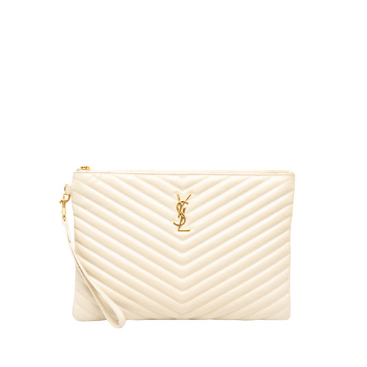 Saint Laurent Chevron Calfskin Monogram Tablet Pouch — White