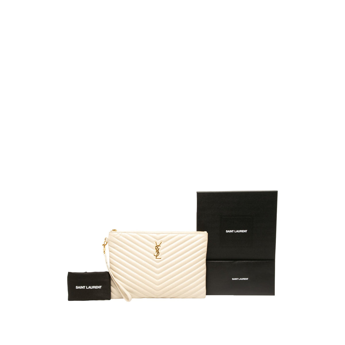 Saint Laurent Chevron Calfskin Monogram Tablet Pouch — White