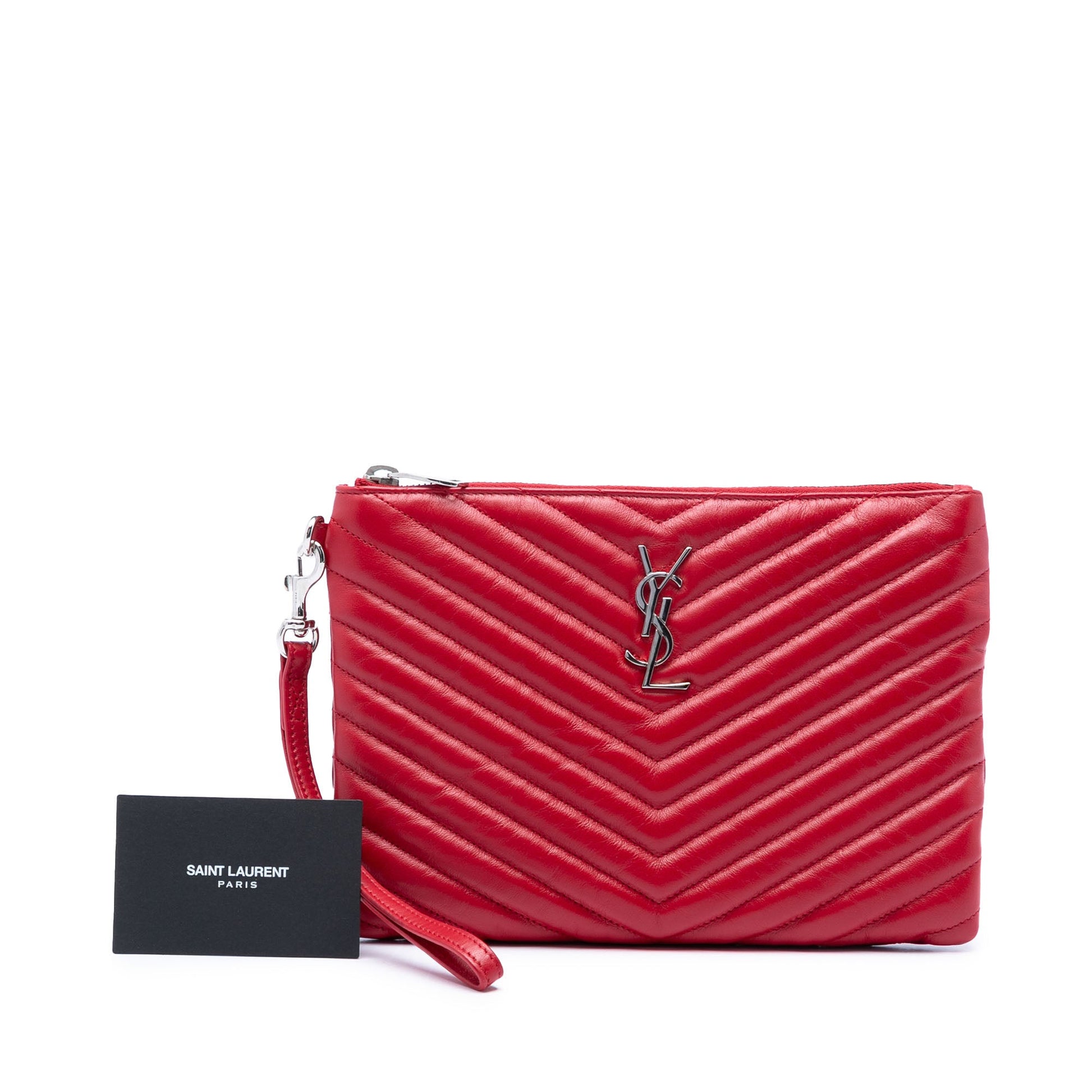 Saint Laurent Chevron Leather Monogram Zip A5 Wristlet Pouch