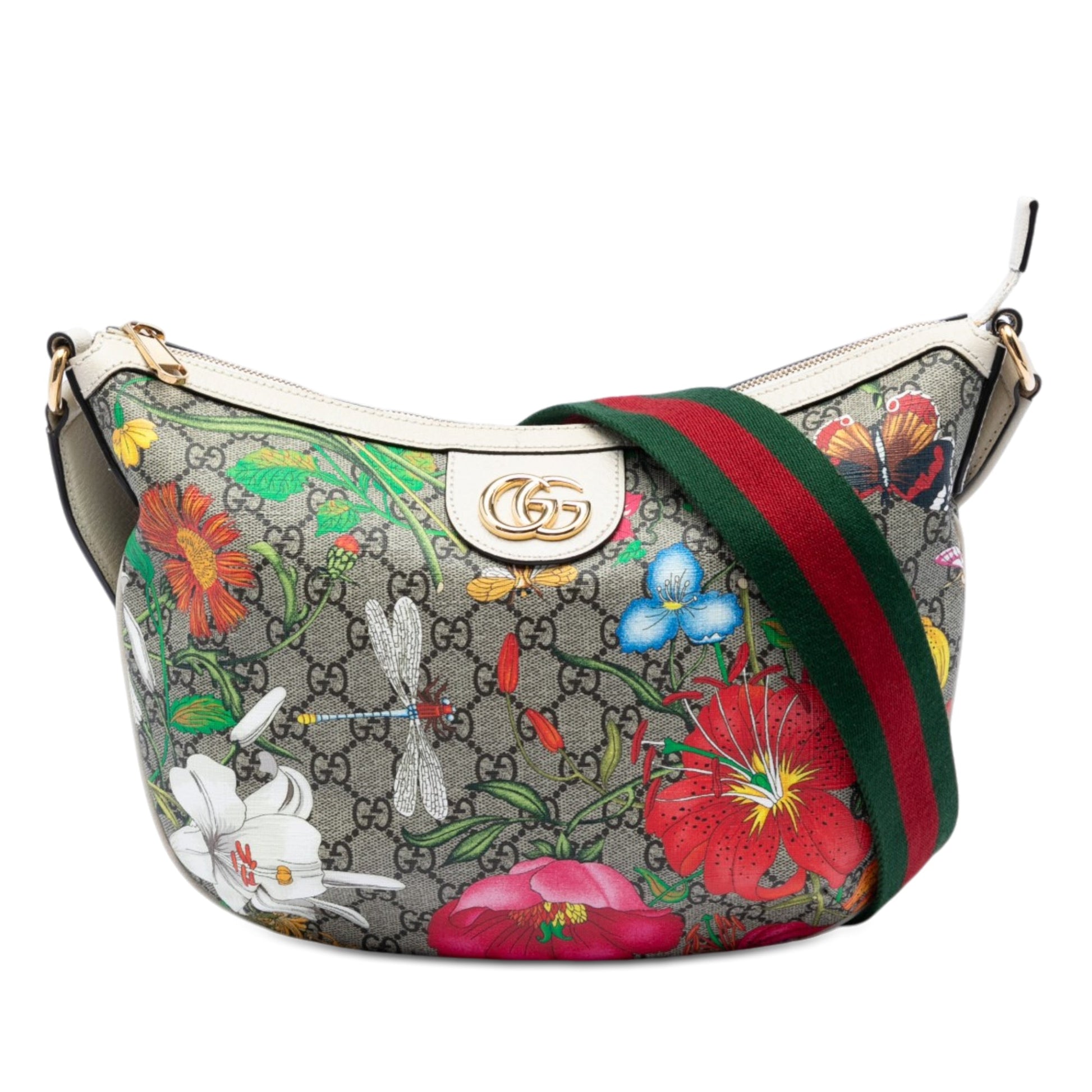 Gucci Small GG Supreme Web Ophidia Flora Half Moon Crossbody