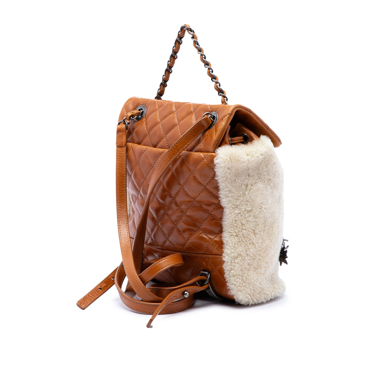 Chanel Small Shearling and Glazed Calfskin Mountain Backpack — Brown