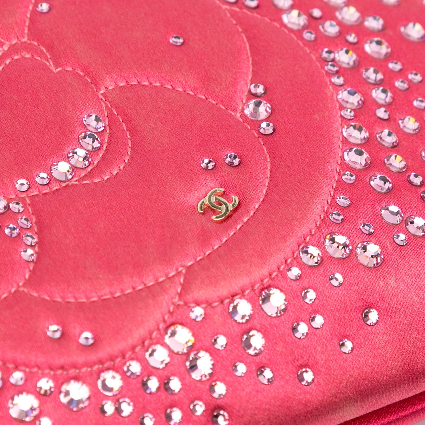 Chanel Satin Diamante Camellia Clutch with Chain