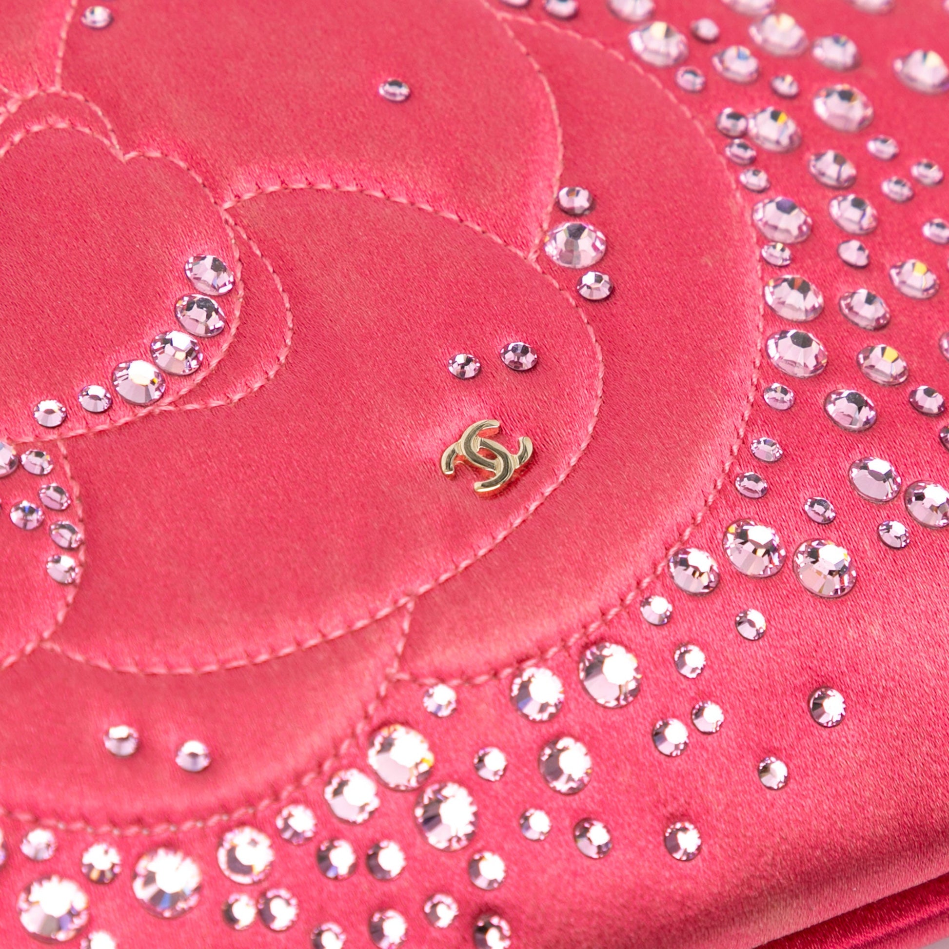 Chanel Satin Diamante Camellia Clutch with Chain