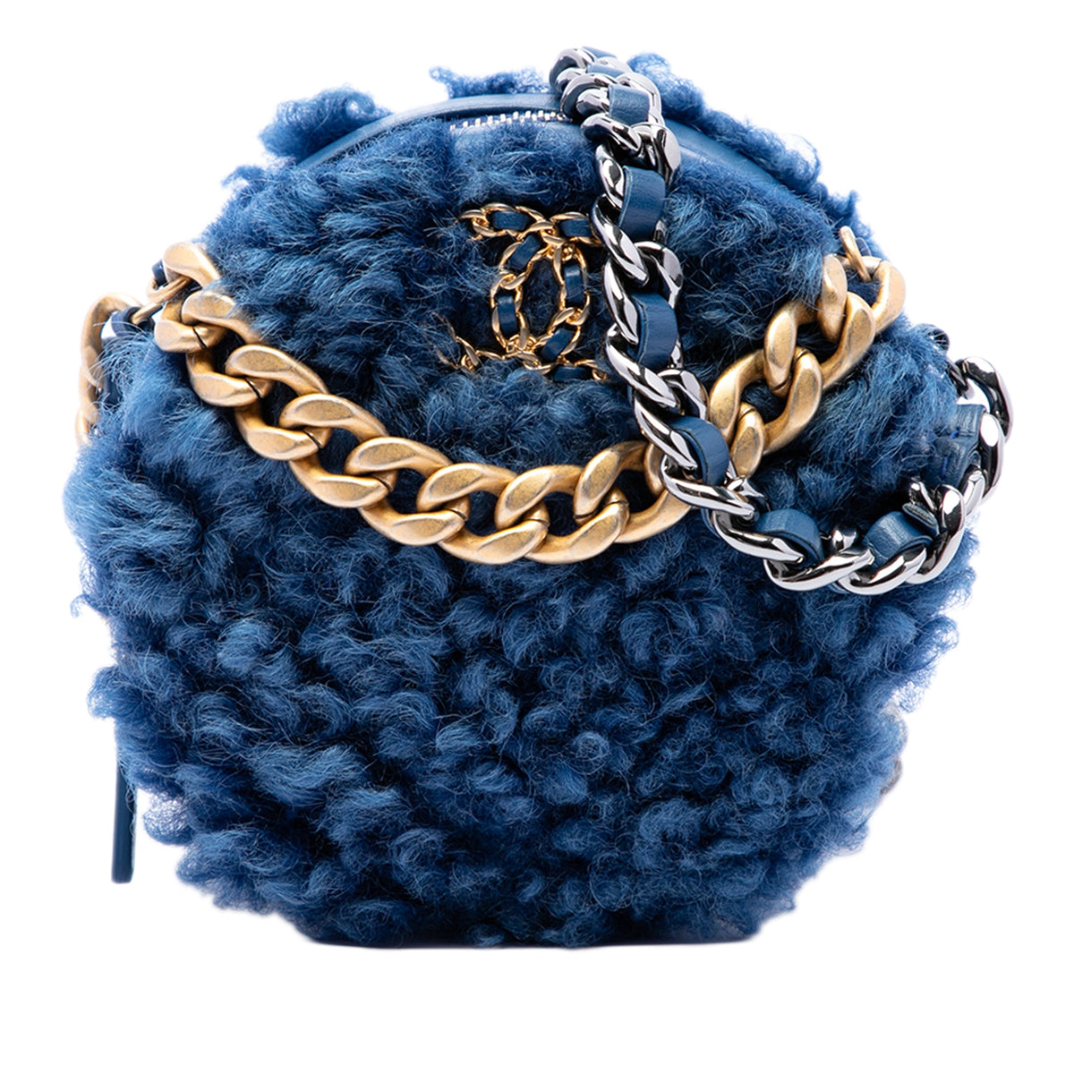 Chanel Shearling 19 Round Clutch with Chain — Blue