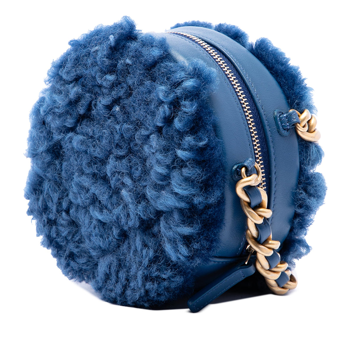 Chanel Shearling 19 Round Clutch with Chain — Blue