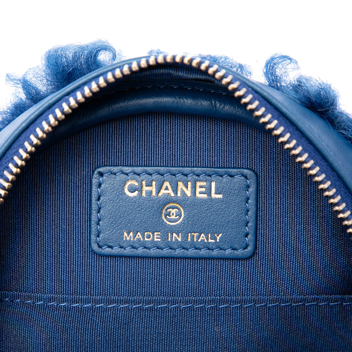 Chanel Shearling 19 Round Clutch with Chain — Blue