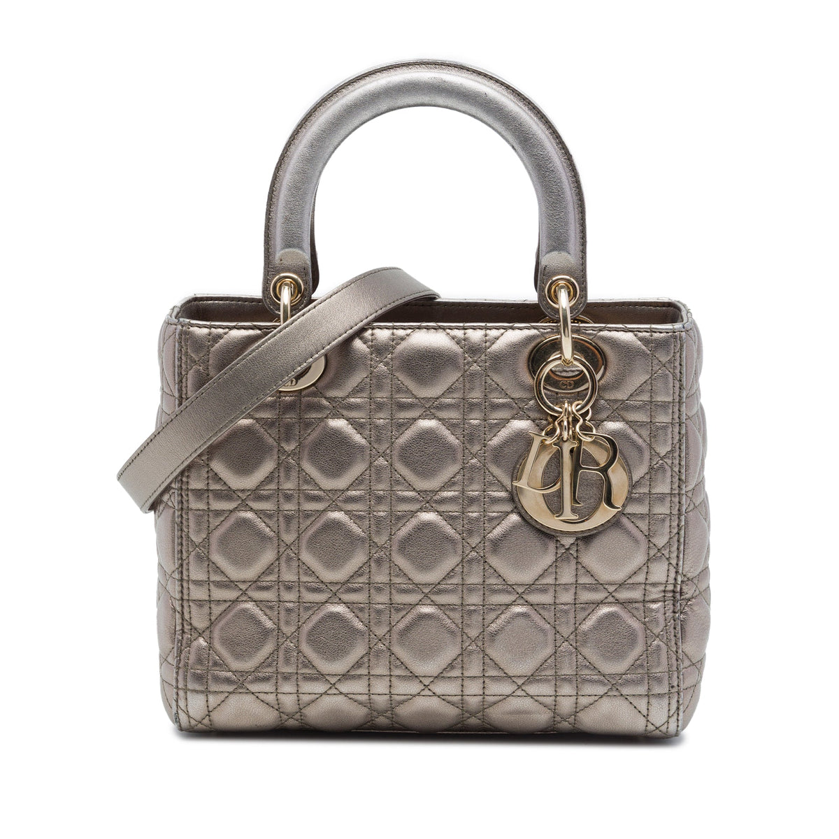 Dior Medium Metallic Lambskin Cannage Lady Dior — Silver