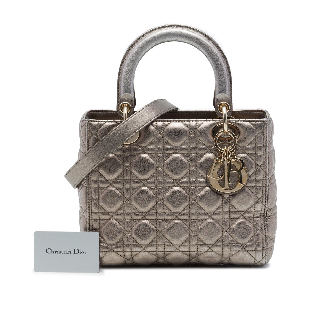 Dior Medium Metallic Lambskin Cannage Lady Dior — Silver