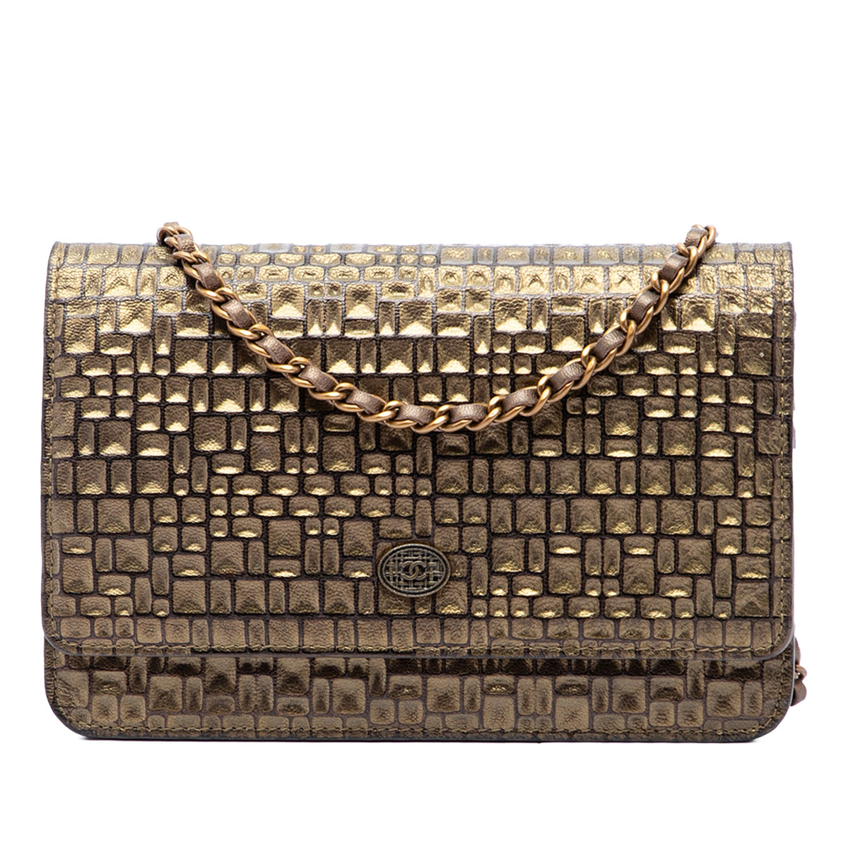 Chanel CC Embossed Metallic Lambskin Wallet on Chain — Gold