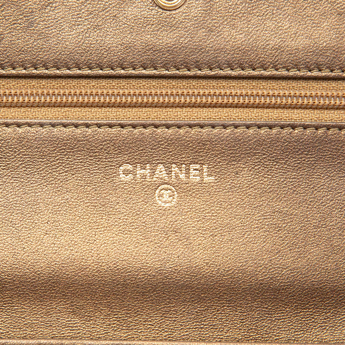Chanel CC Embossed Metallic Lambskin Wallet on Chain — Gold