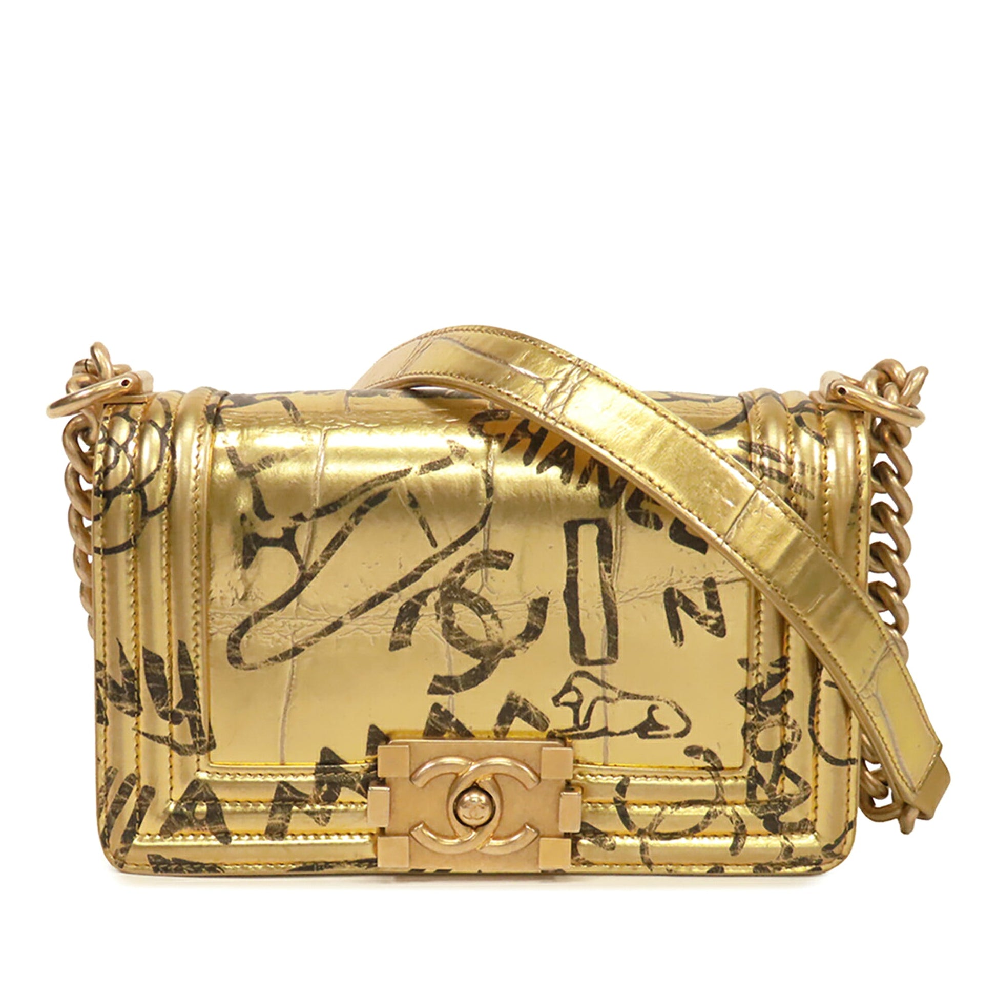 Chanel Small Croc Embossed Leather Graffiti Cocodile Boy Flap