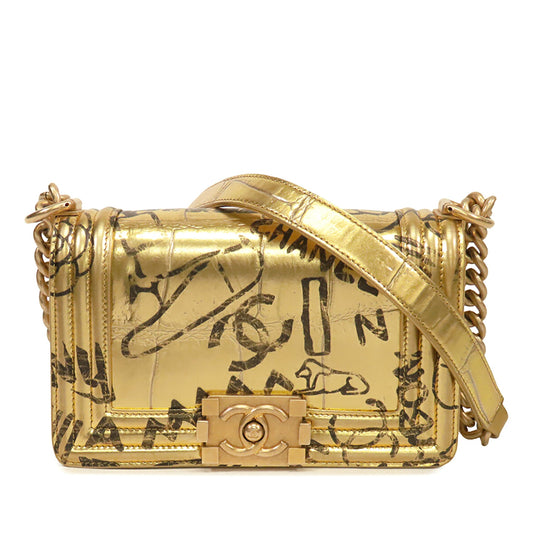 Chanel Small Croc Embossed Leather Graffiti Cocodile Boy Flap