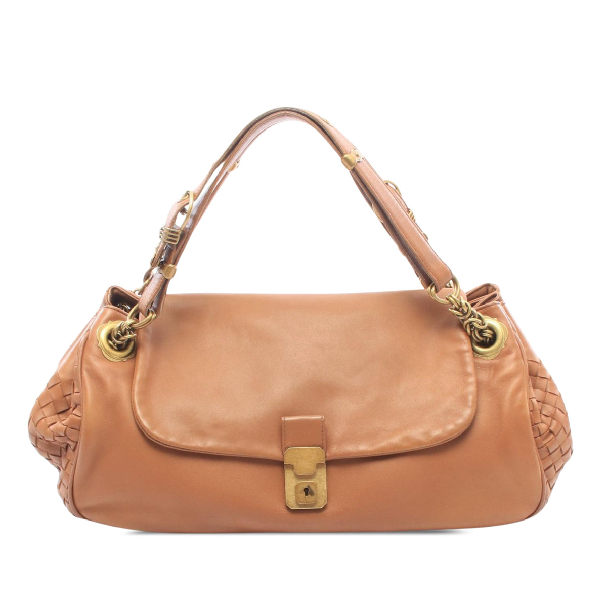 Bottega Veneta Nappa Intrecciato Trimmed Napoli Handbag — Brown