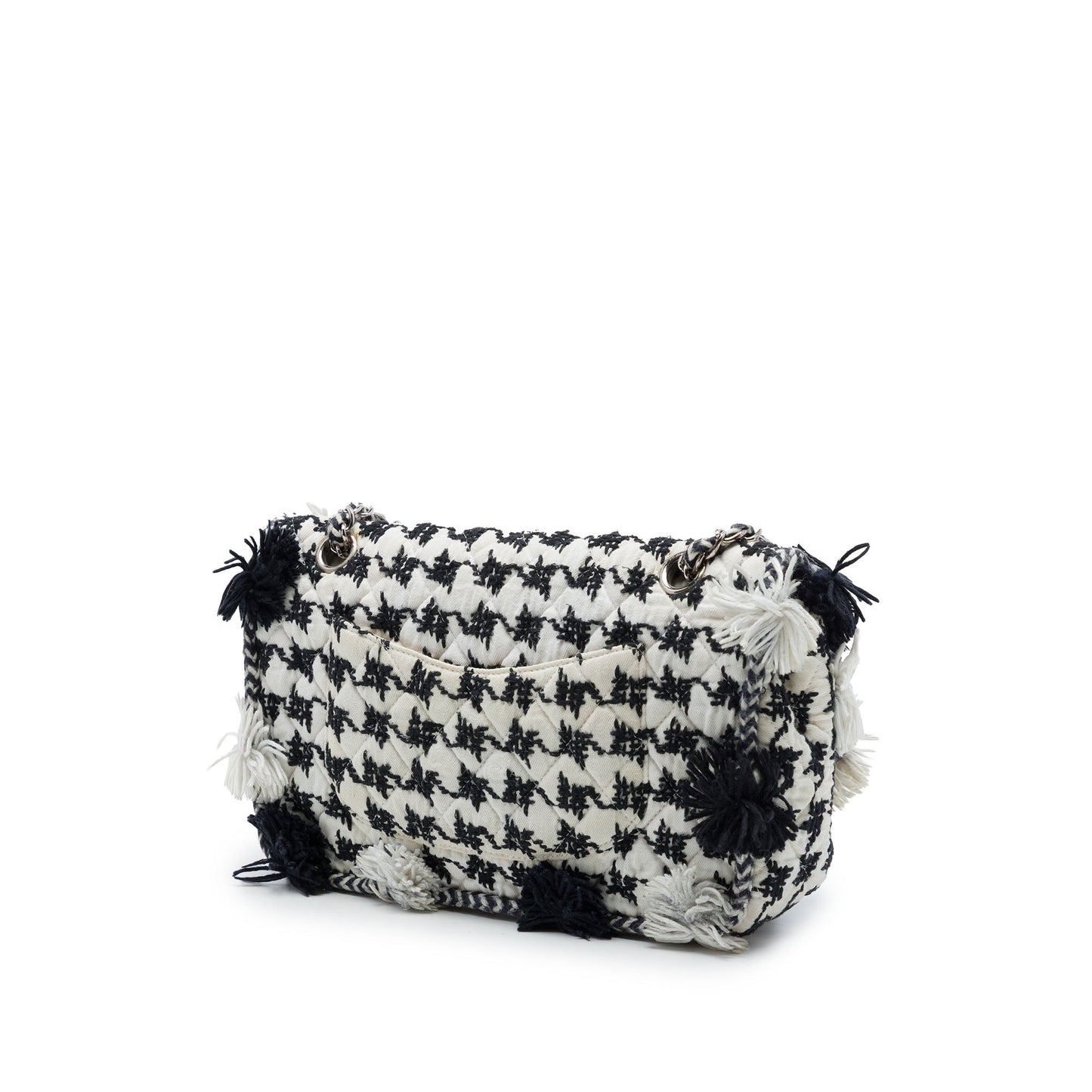 Chanel Medium Classic Embroidered Canvas Houndstooth Pom Pom Flap