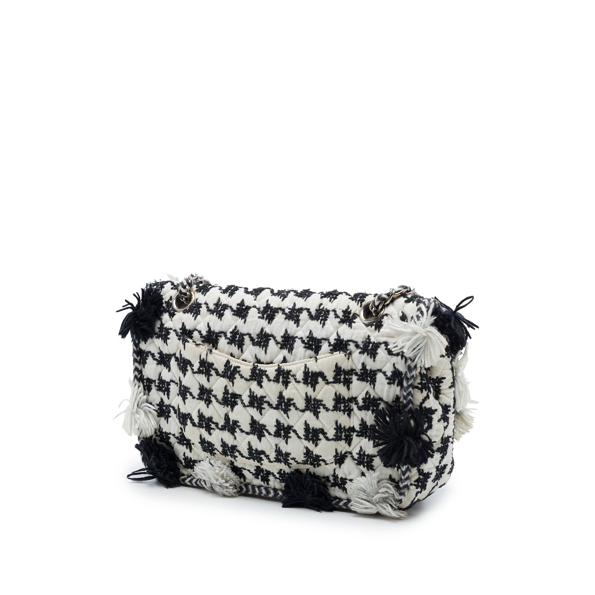Chanel Medium Classic Embroidered Canvas Houndstooth Pom Pom Flap