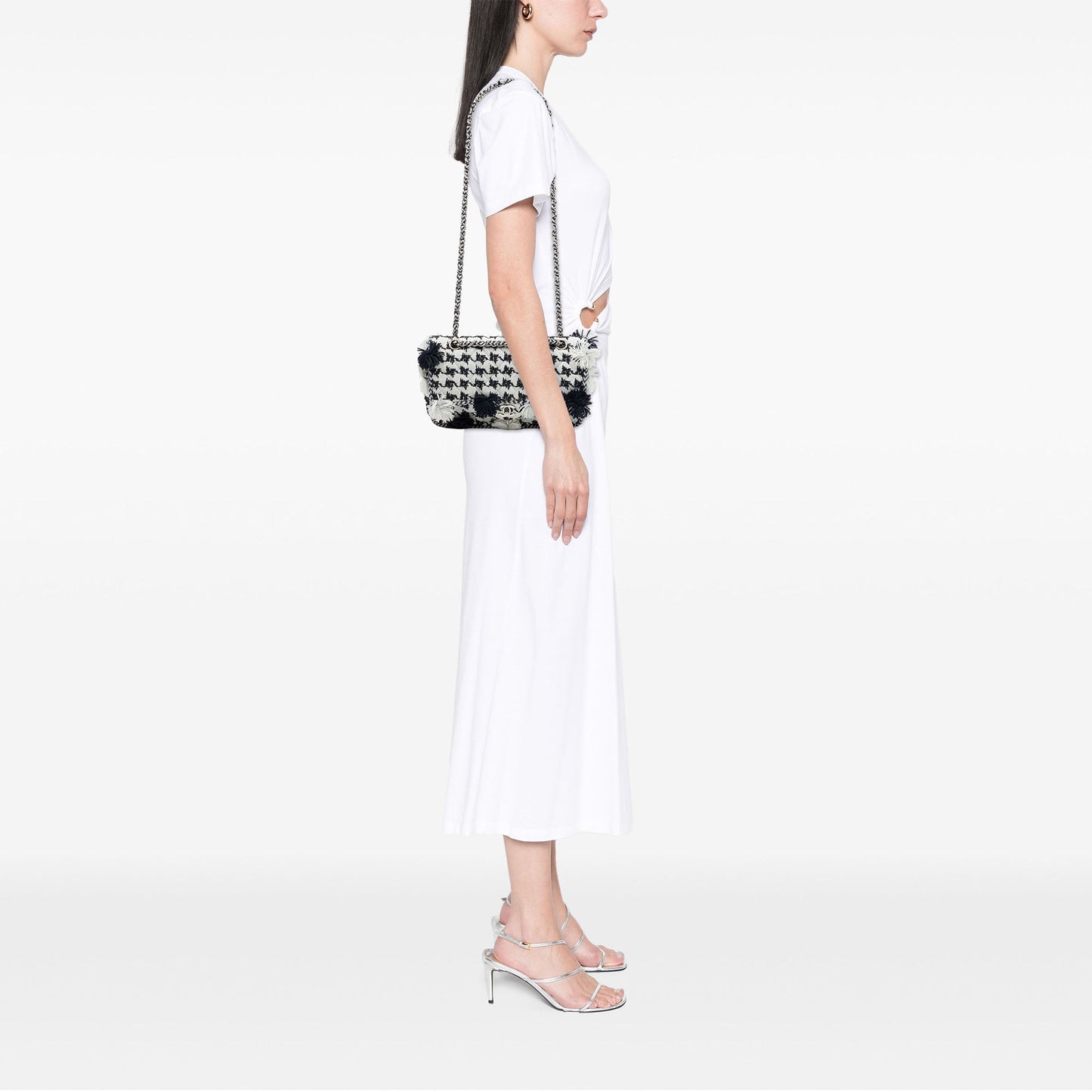 Chanel Medium Classic Embroidered Canvas Houndstooth Pom Pom Flap