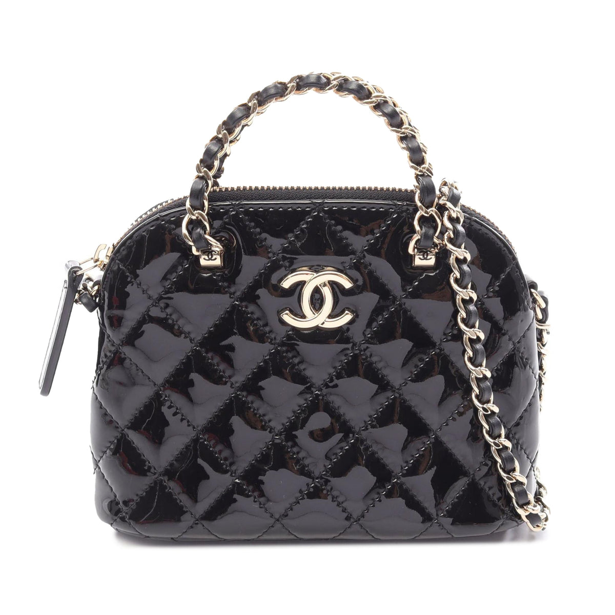Chanel CC Quilted Patent Dome Satchel — Black