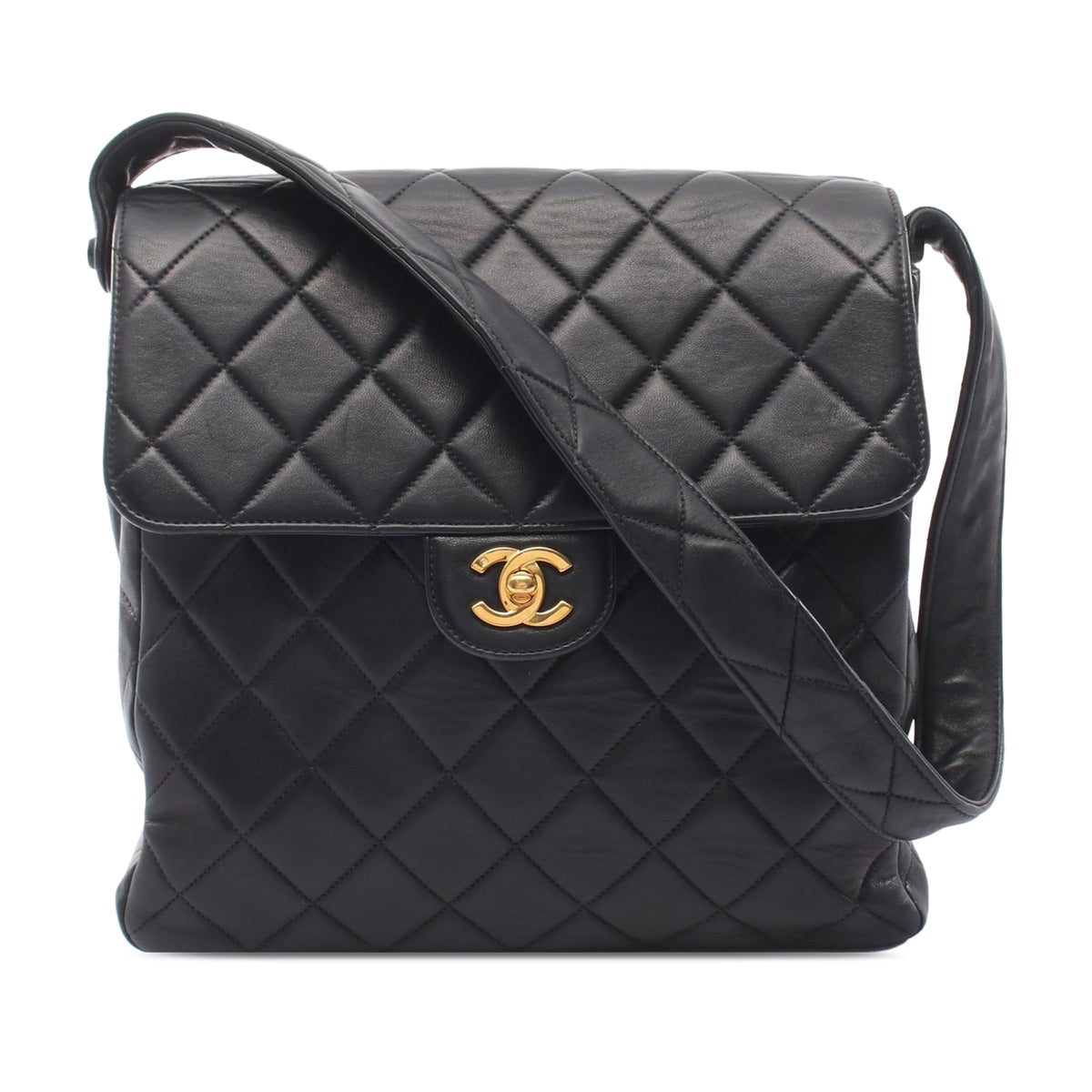 Chanel CC Quilted Lambskin Straight Flap Shoulder Bag — Black