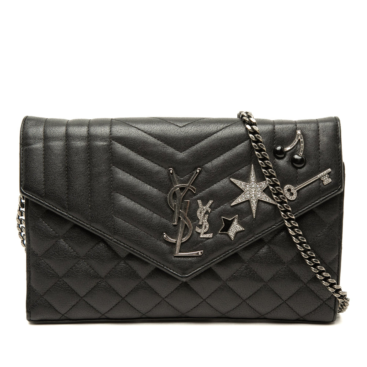 Saint Laurent Sheepskin Triquilt Monogram Charms Envelope Wallet on Chain — Black