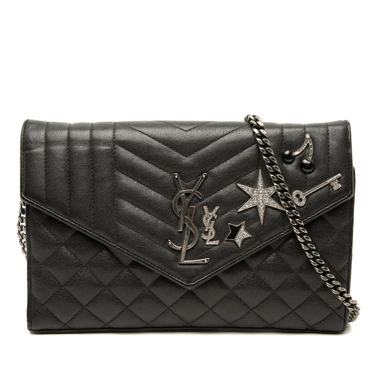Saint Laurent Sheepskin Triquilt Monogram Charms Envelope Wallet on Chain — Black